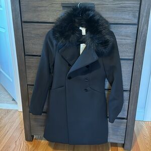 Black double breasted peacoat with removable faux fur hood